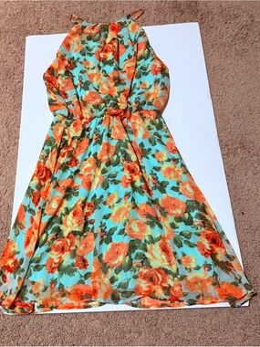 Lush Floral Maxi Dress in Aqua and Orange